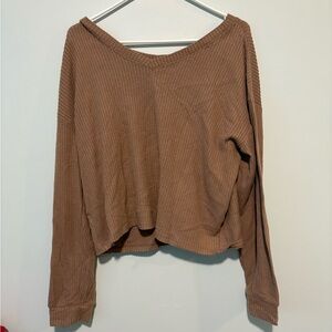 Women's Brown V-Neck Ribbed Top